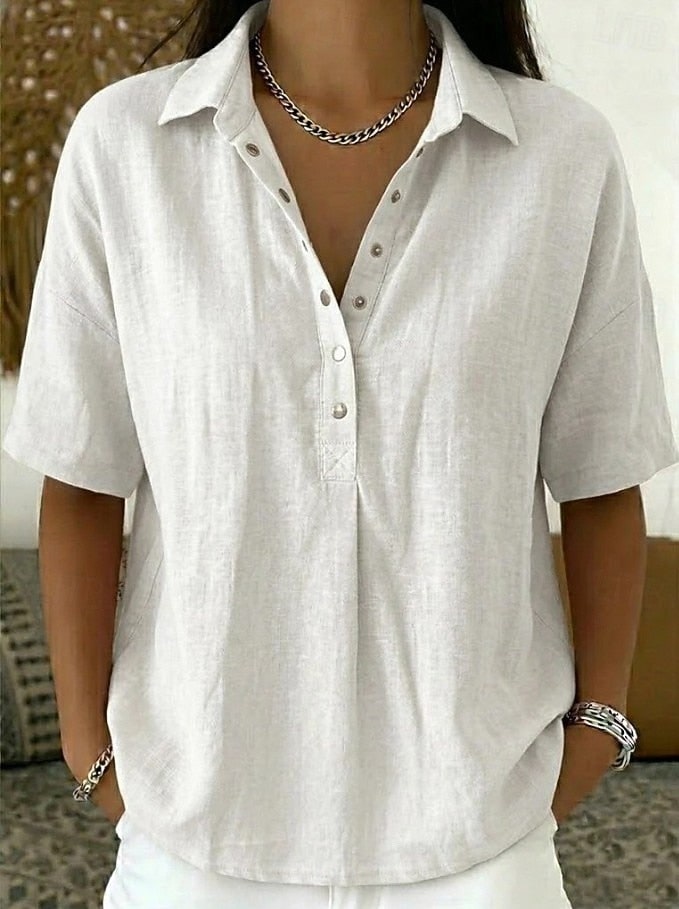 Button Shirt with Collar, Linen Look Top with Short Sleeves 8