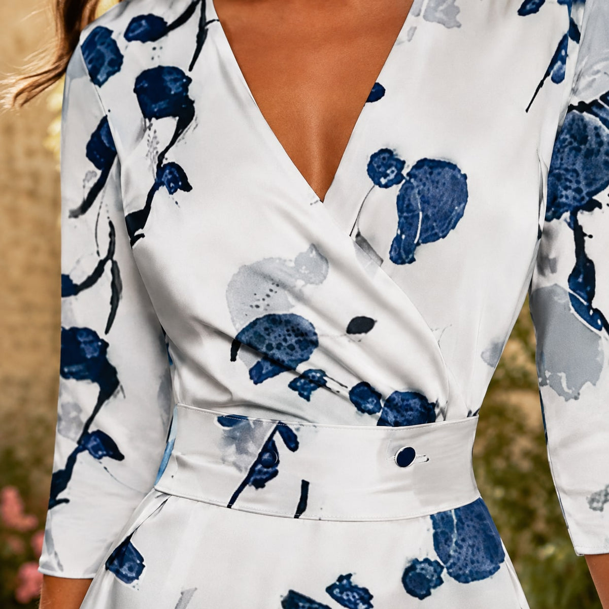 Floral Wrap Maxi Dress with 3/4 Sleeves and Defined Waist 6