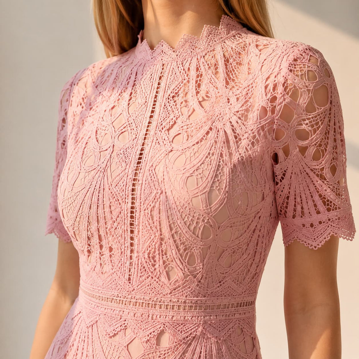 Lace High Neck Midi Dress with Short Sleeves, Elegant Flare 6