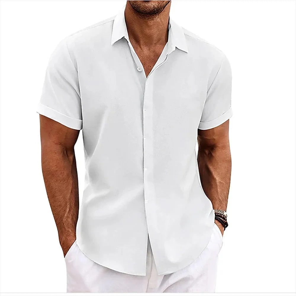 Elegant Mens Linen Shirt with Short Sleeves in White