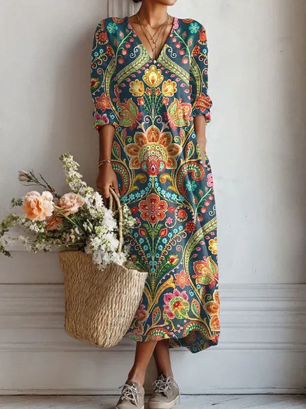 Paisley Maxi Dress with V Neck, 3/4 Sleeves and Pockets 2