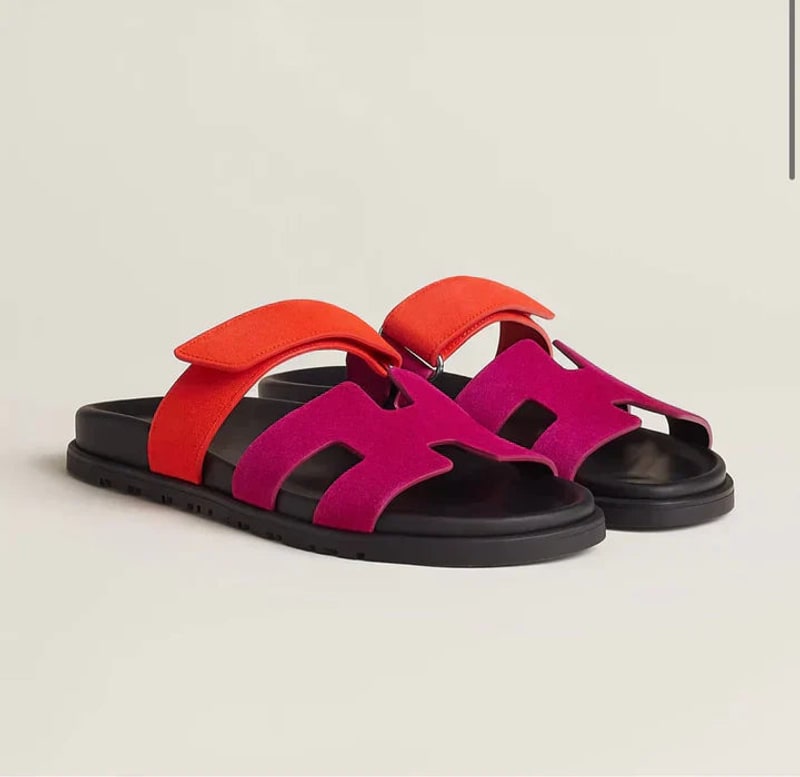 Fuchsia and orange flat slide sandals with black sole