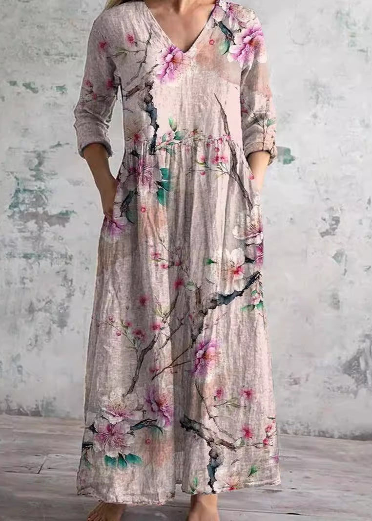 Floral Maxi Dress with V Neck, 3/4 Sleeves and Pockets 8