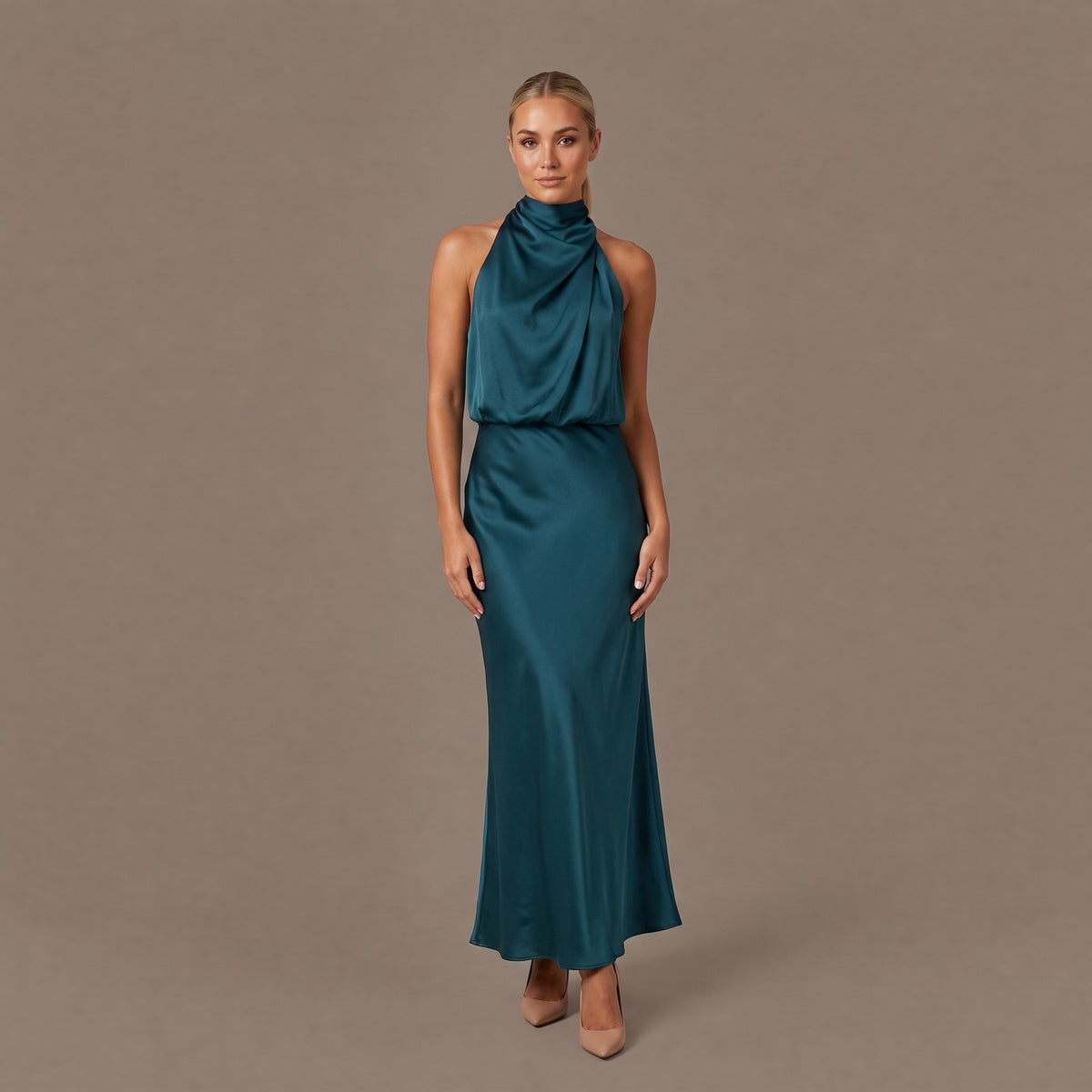 Halter Neck Long Satin Dress - Pine Blue
