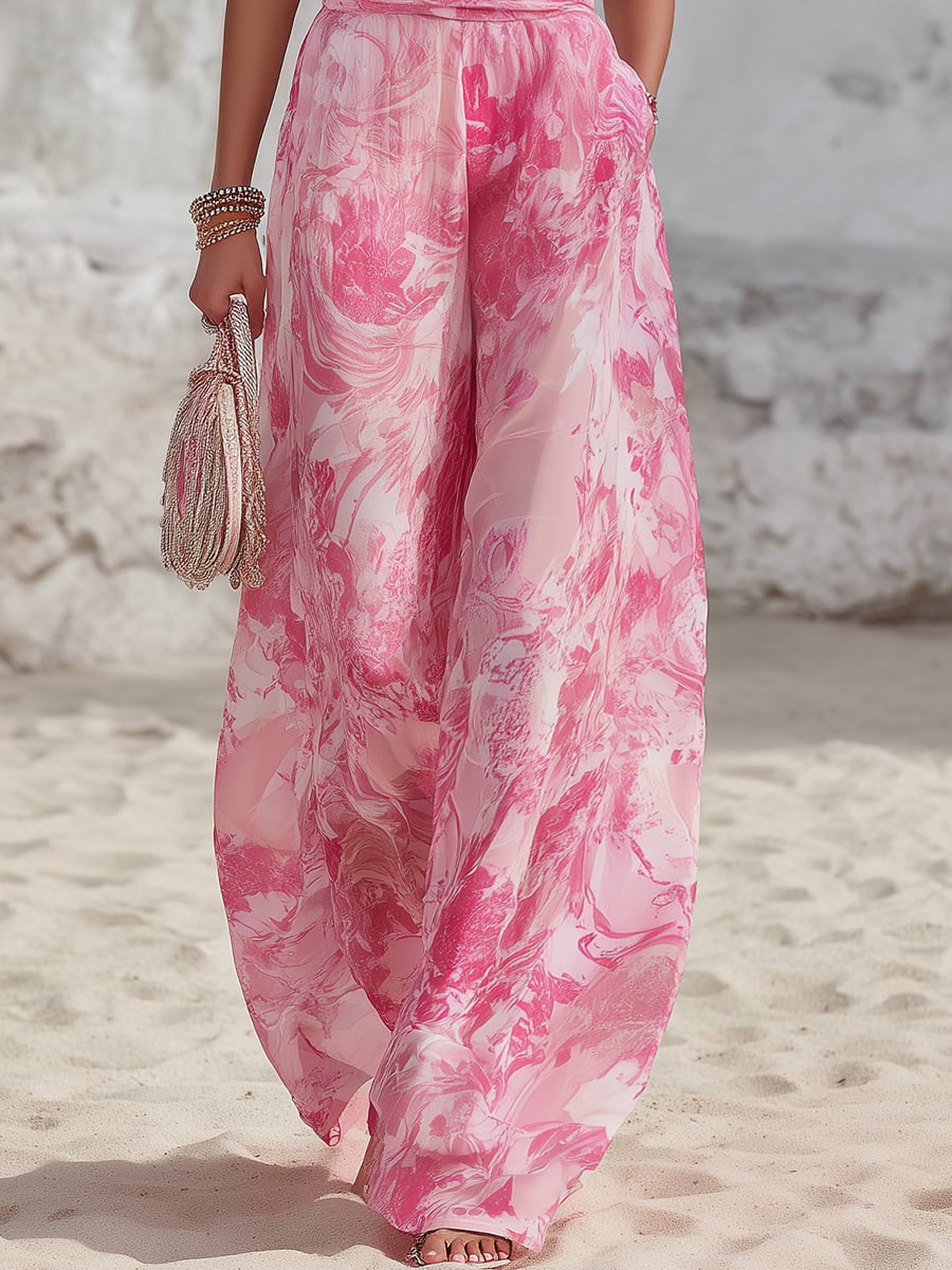 Halter Top and Wide Leg Trousers Linen Blend Set in Pink 5