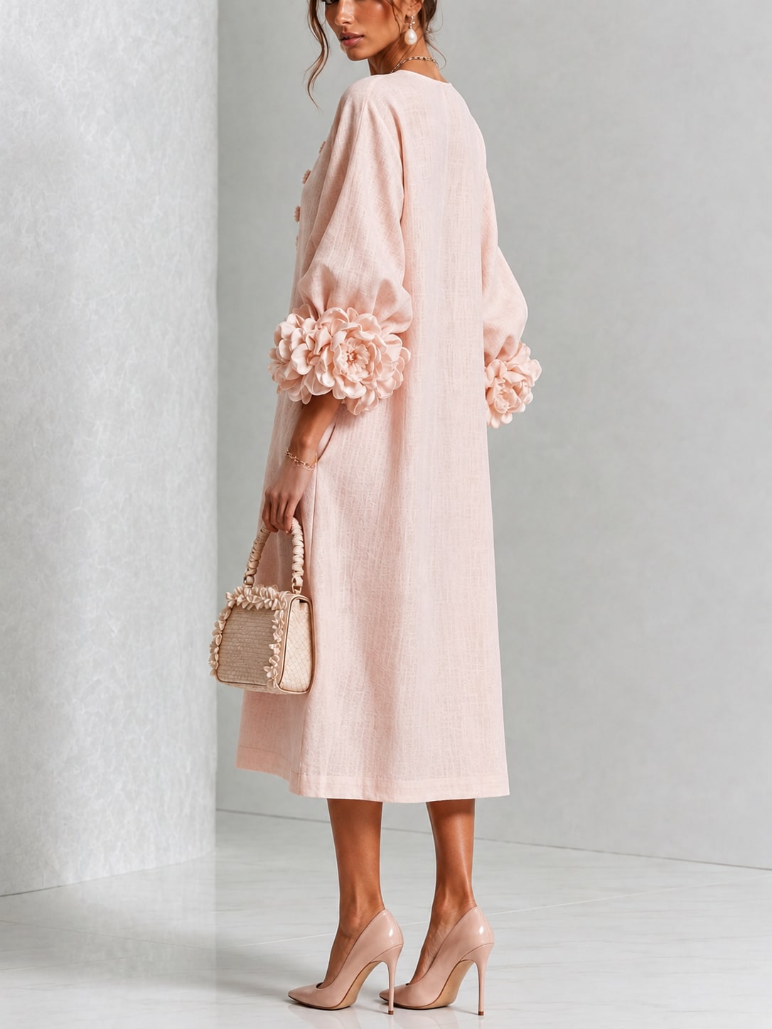 Linen A-Line Midi Dress with Puff Sleeves and Rosette Cuffs 8