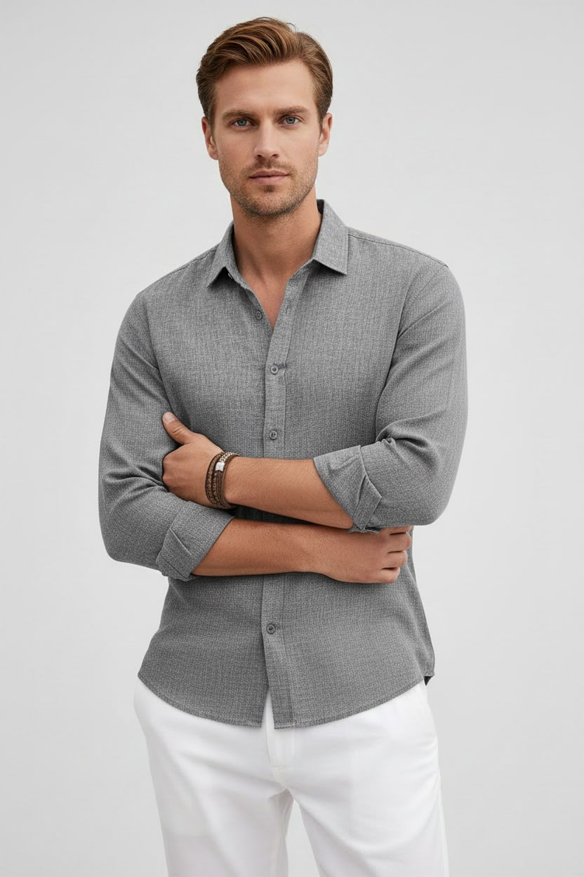 Grey linen look long sleeve shirt for men