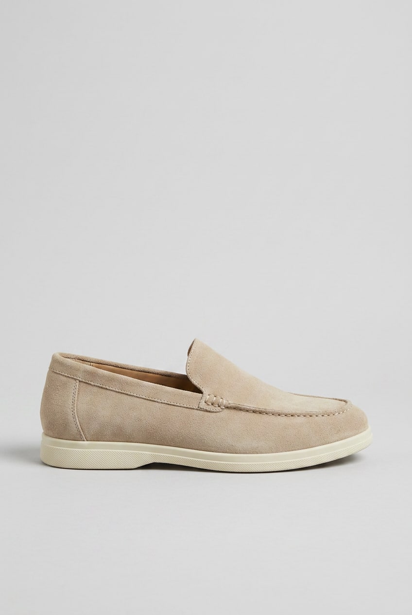 Beige suede look slip on loafers for men with round toe