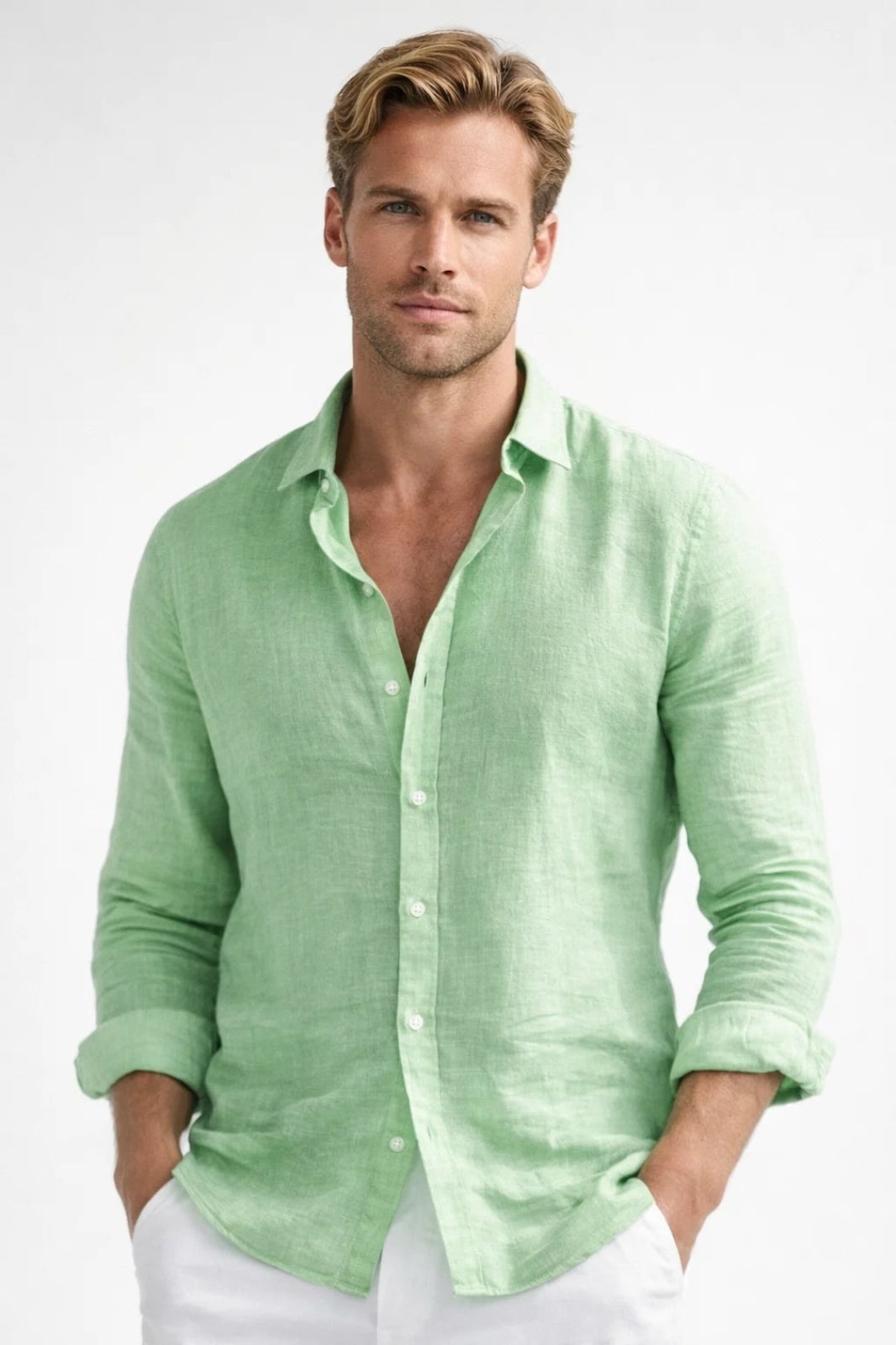 Mens Linen Shirt with Long Sleeves in Light Green
