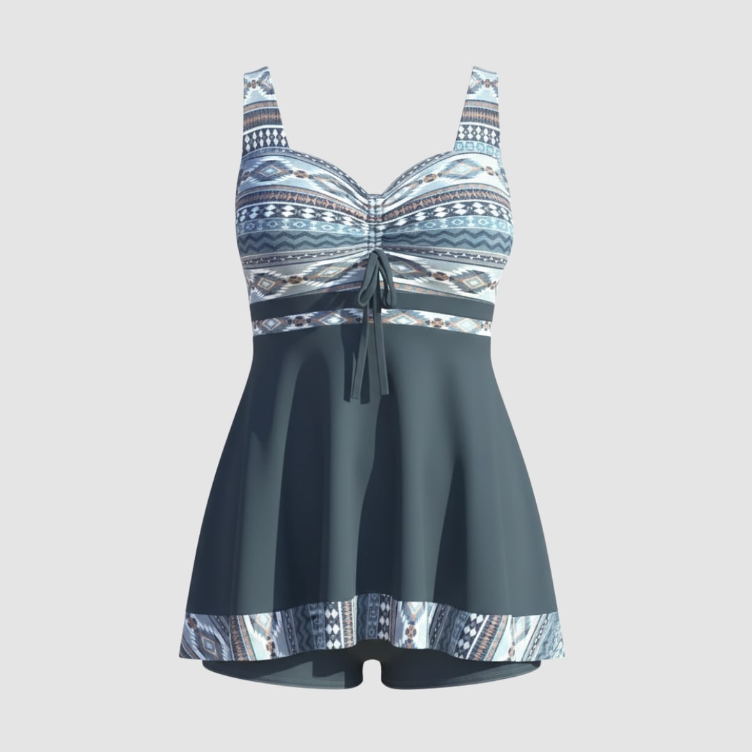 Grey patterned swim dress with grey skirt