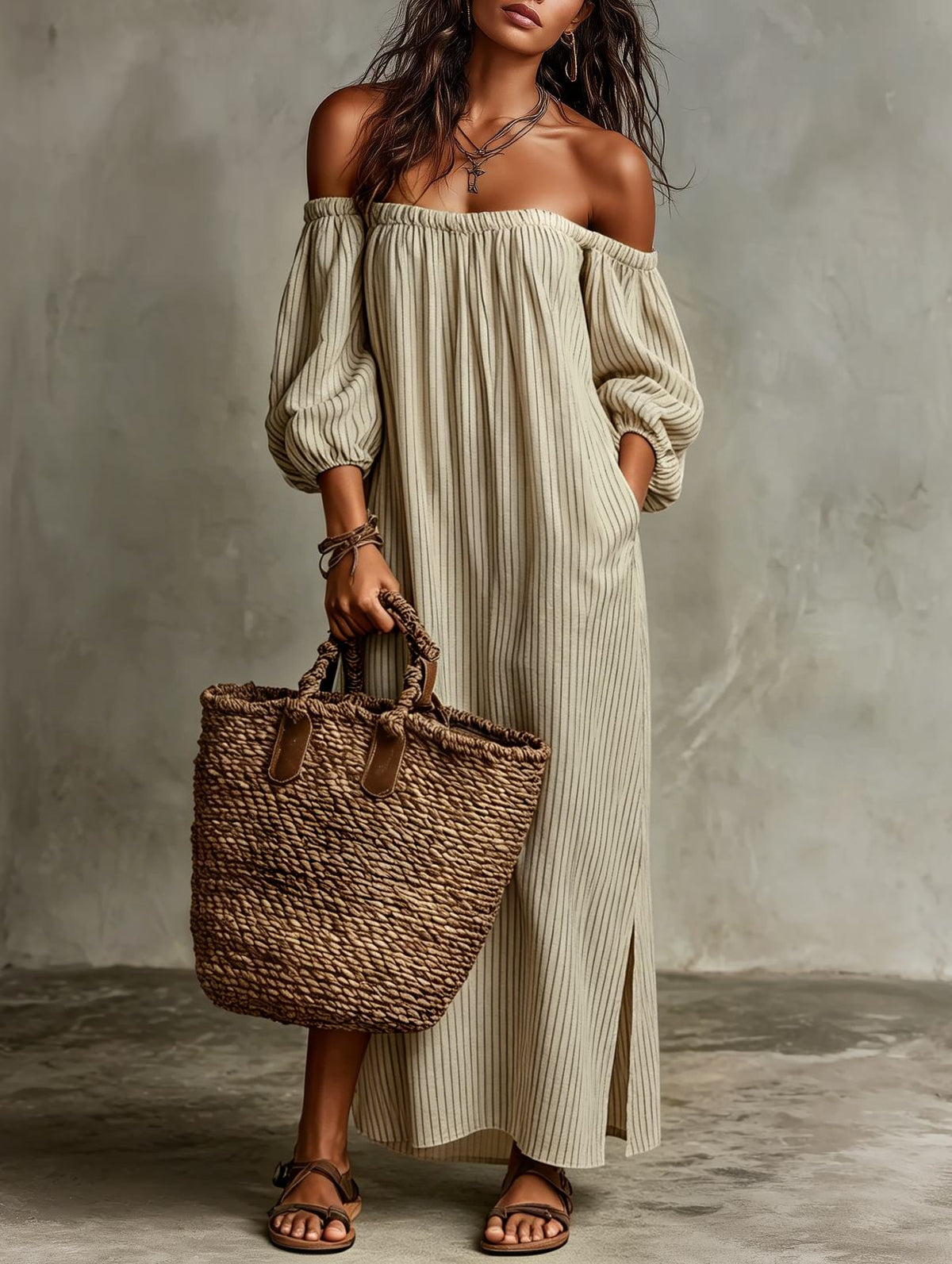 Off Shoulder Maxi Dress, Striped Dress with Balloon Sleeves 8
