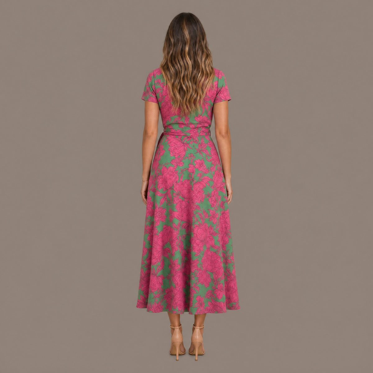 Back view of the green and pink soft bloom print wrap dress