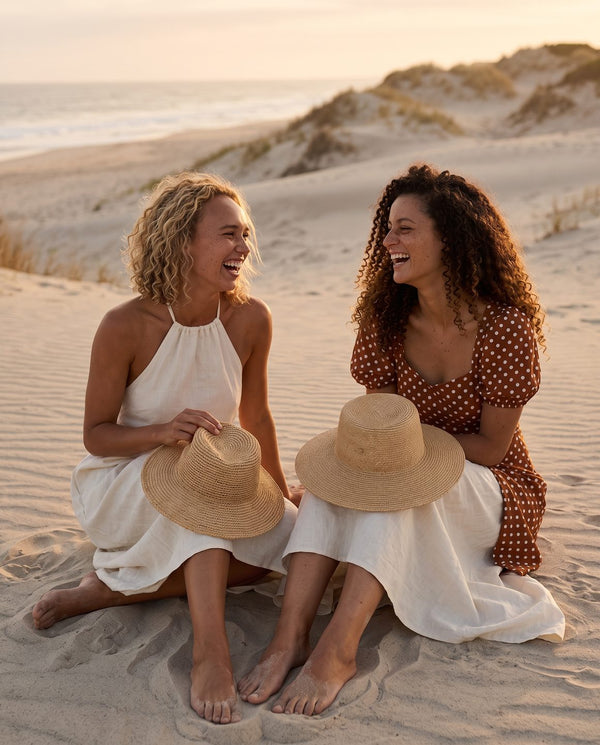 Two friends sitting in the dunes with straw hats, in a polka dot dress and an ivory halter dress