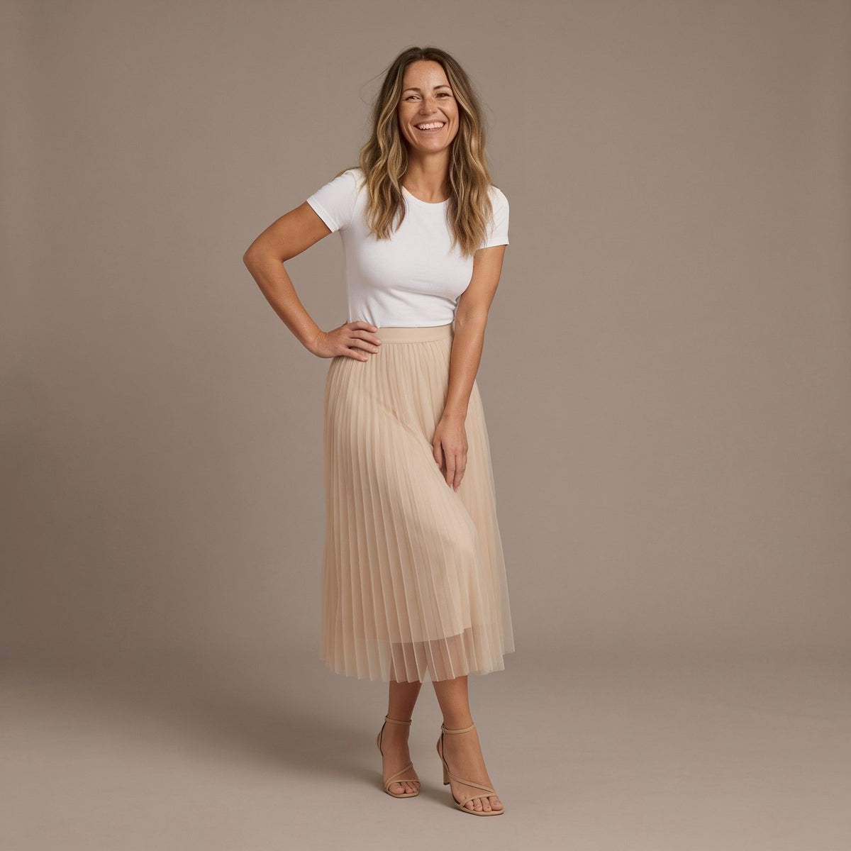 Ankle Length Skirt, High Waist Pleated Tulle Skirt with Elastic Waistband