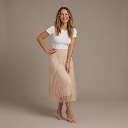 Ankle Length Skirt, High Waist Pleated Tulle Skirt with Elastic Waistband
