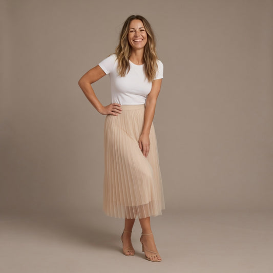 Ankle Length Skirt, High Waist Pleated Tulle Skirt with Elastic Waistband