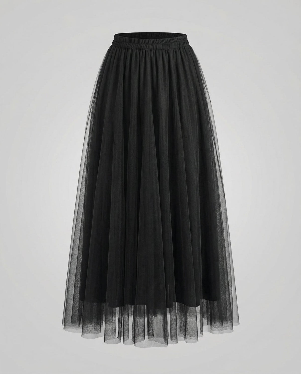 Black ankle length pleated tulle skirt with elastic waistband