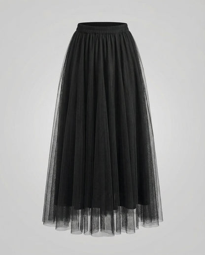Black ankle length pleated tulle skirt with elastic waistband