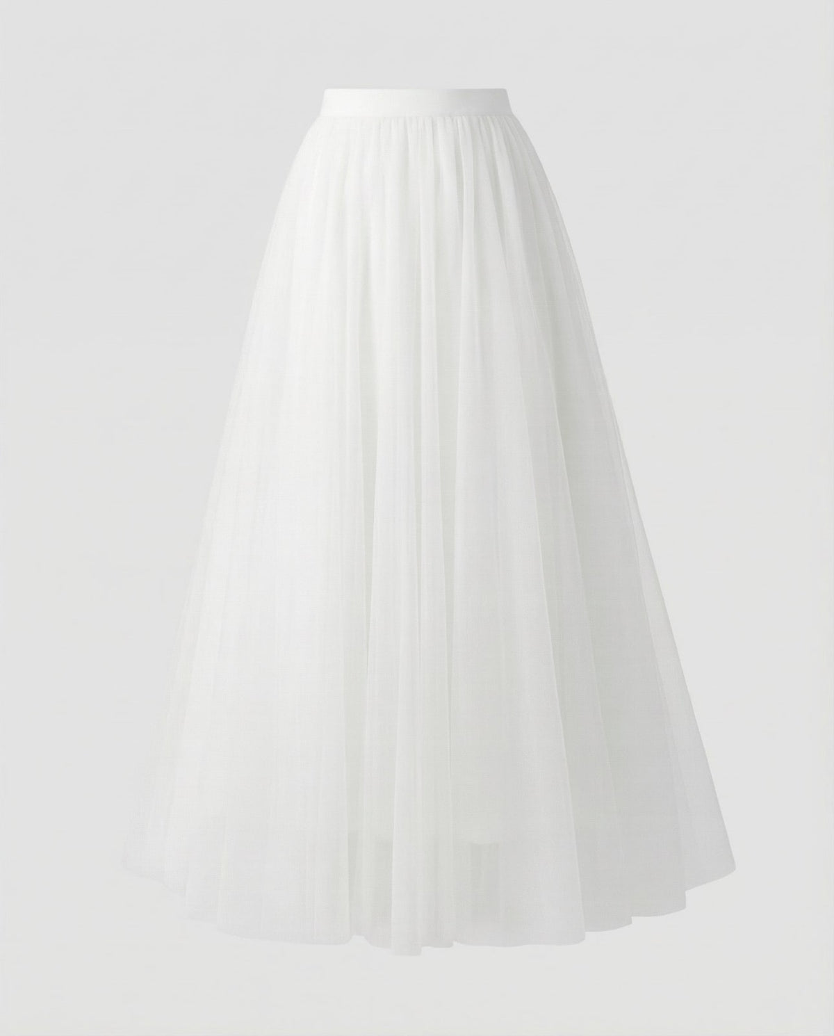 White ankle length pleated tulle skirt with elastic waistband