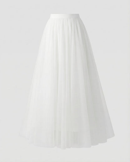 White ankle length pleated tulle skirt with elastic waistband