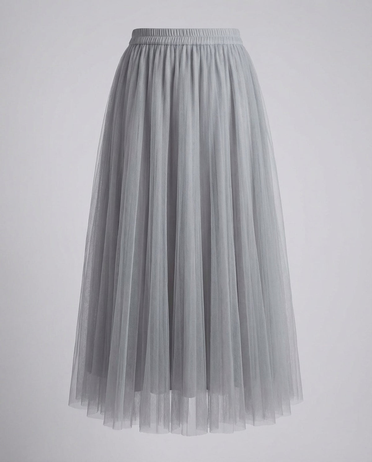 Grey ankle length pleated tulle skirt with elastic waistband