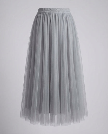 Grey ankle length pleated tulle skirt with elastic waistband
