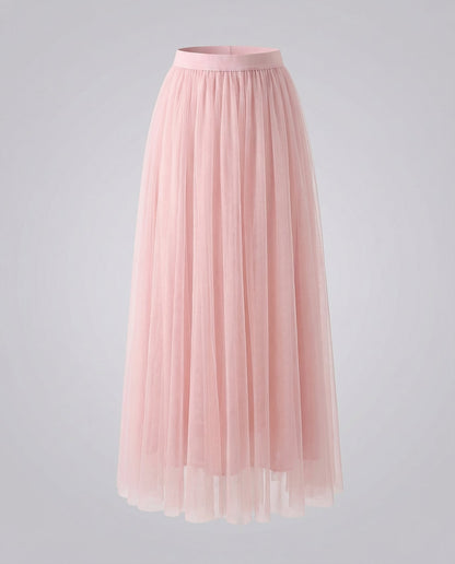 Pink ankle length pleated tulle skirt with elastic waistband