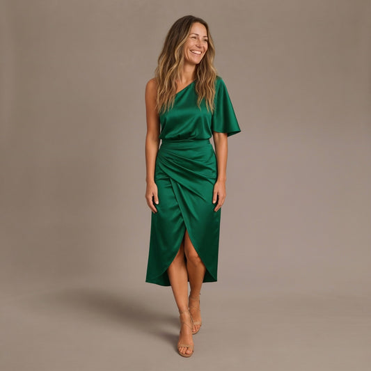 Formal Dress, Asymmetric One Shoulder Satin Midi Dress with Flutter Sleeve