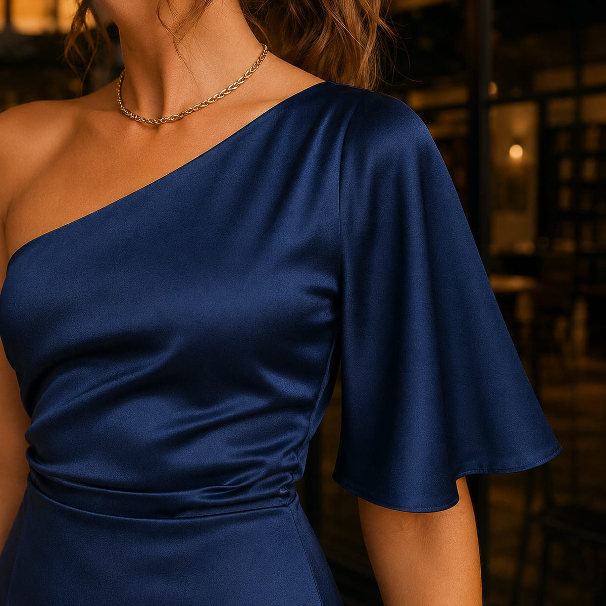 Asymmetric One Shoulder Satin Midi Dress with Flutter Sleeve 6
