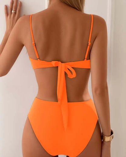 Back view of orange bandeau bikini with tie back