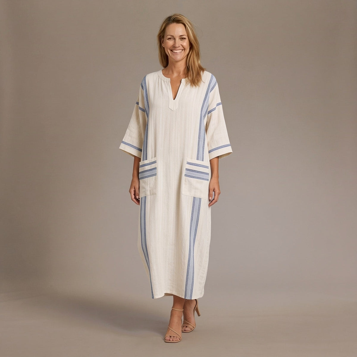 Beach Maxi Dress, Striped Trim Kaftan Summer Dress with V Neck and Patch Pockets