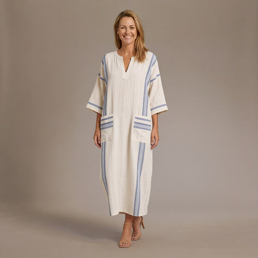 Beach Maxi Dress, Striped Trim Kaftan Summer Dress with V Neck and Patch Pockets