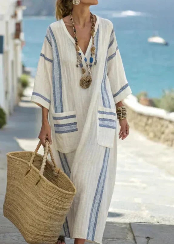 Beach Maxi Dress, Striped Kaftan Summer Dress with V Neck 2