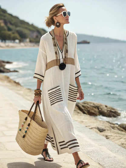 Beach Maxi Dress, Striped Kaftan Summer Dress with V Neck 3