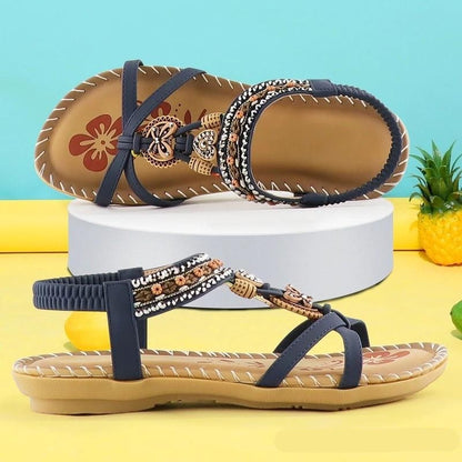 Beaded Boho Flat Sandals with Elastic Slingback Strap 2