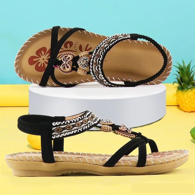 Beaded Boho Flat Sandals with Elastic Slingback Strap 3