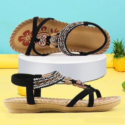 Beaded Boho Flat Sandals with Elastic Slingback Strap 3