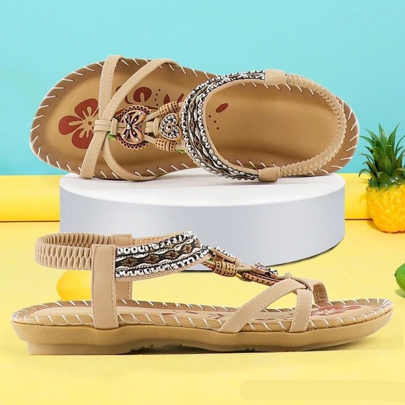 Beaded Boho Flat Sandals with Elastic Slingback Strap 4