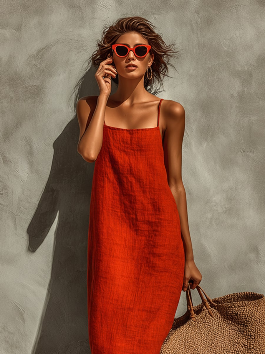 Close view of the square neckline and thin adjustable straps of the red maxi dress