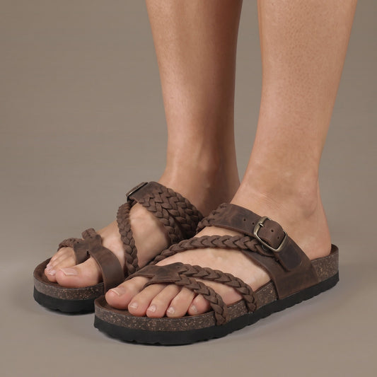 Braided Strap Cork Footbed Sandals with Adjustable Buckle