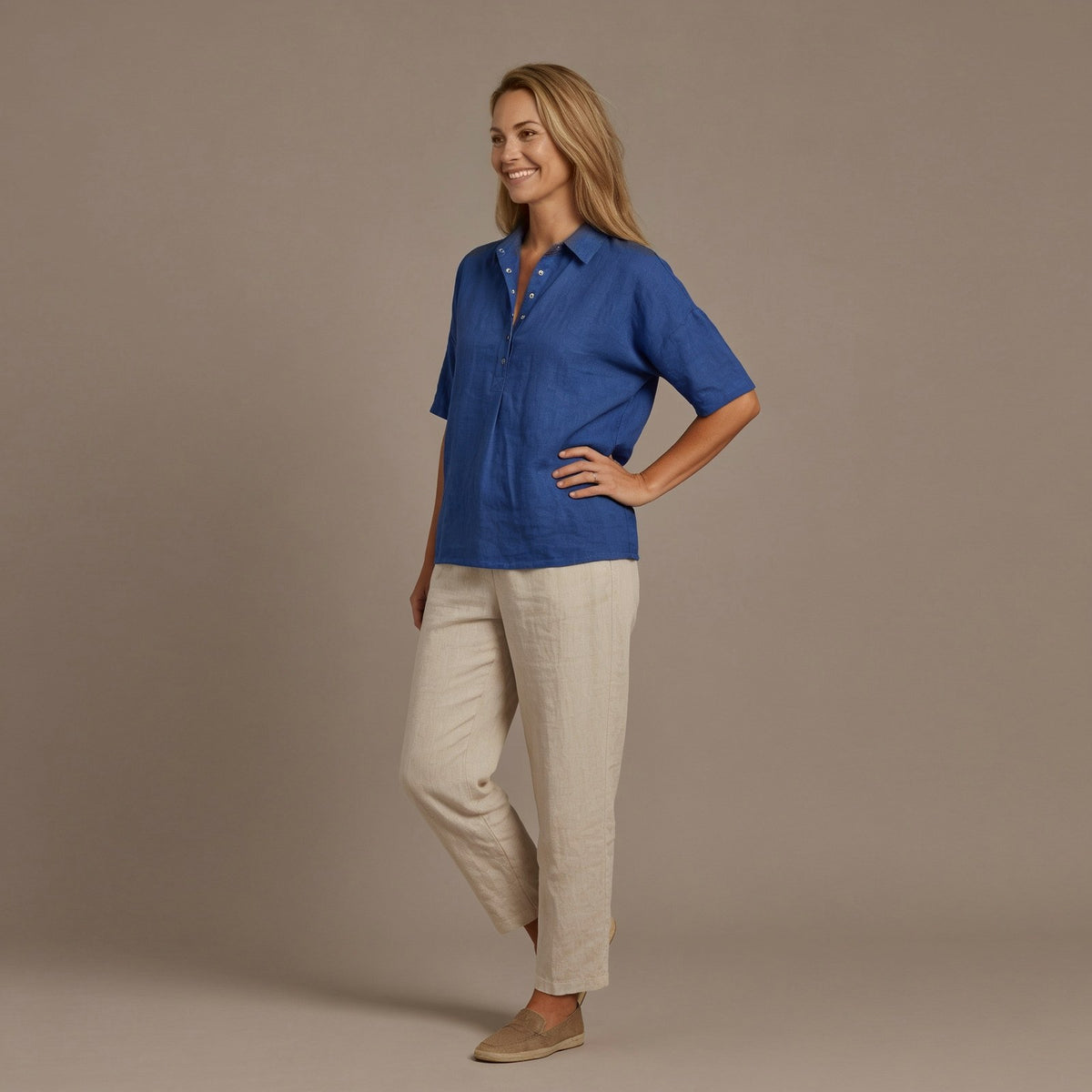Button Shirt, Linen Look Collared Top with Short Sleeves
