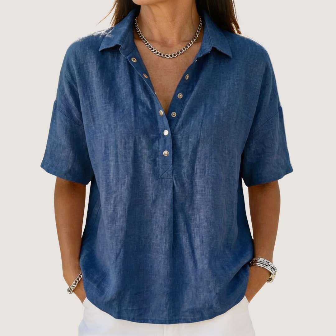 Button Shirt with Collar, Linen Look Top with Short Sleeves 2