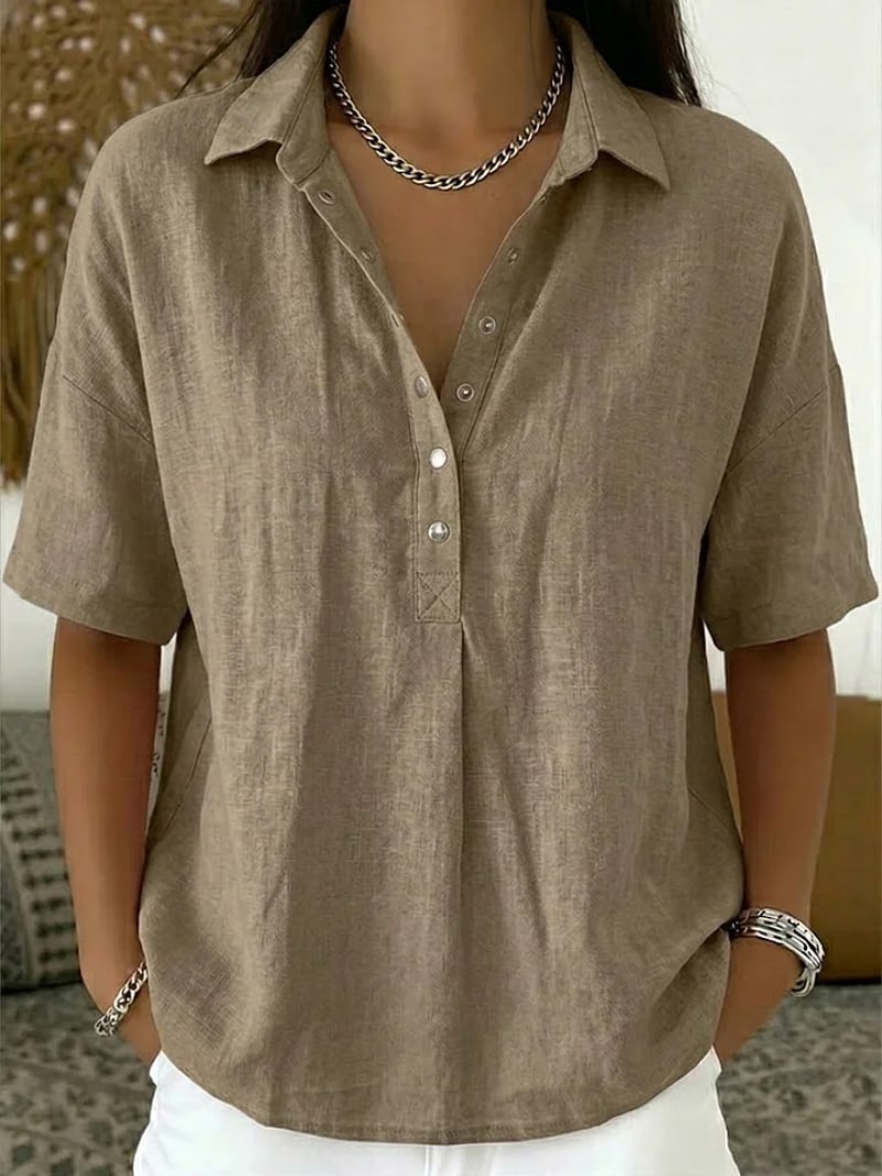Button Shirt with Collar, Linen Look Top with Short Sleeves 3