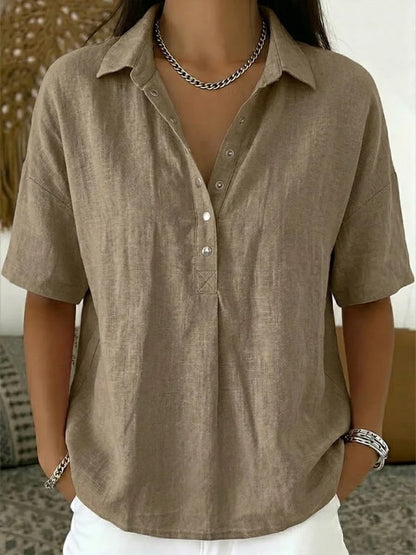 Button Shirt with Collar, Linen Look Top with Short Sleeves 3