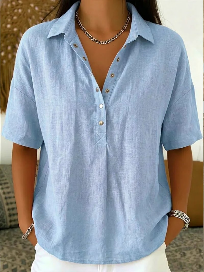 Button Shirt with Collar, Linen Look Top with Short Sleeves 4