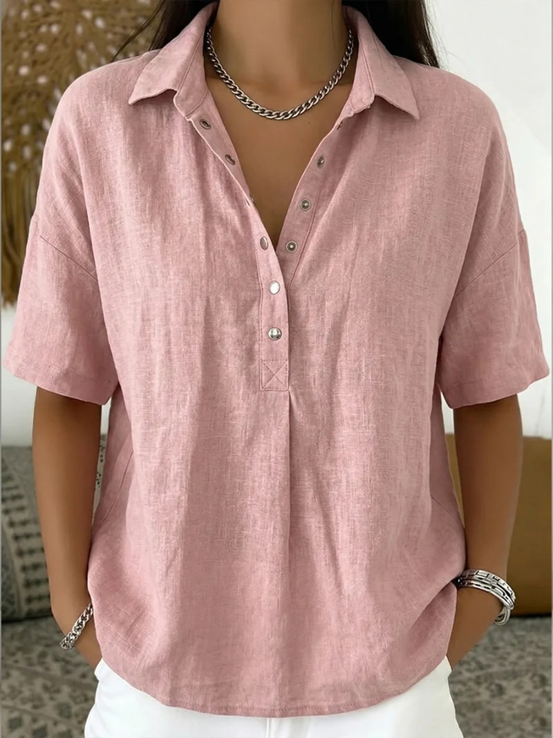 Button Shirt with Collar, Linen Look Top with Short Sleeves 6