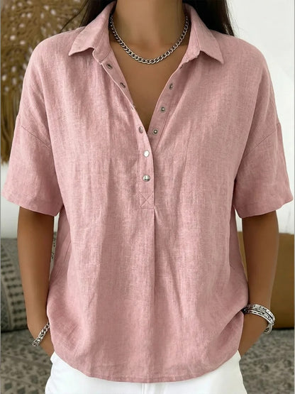 Button Shirt with Collar, Linen Look Top with Short Sleeves 6
