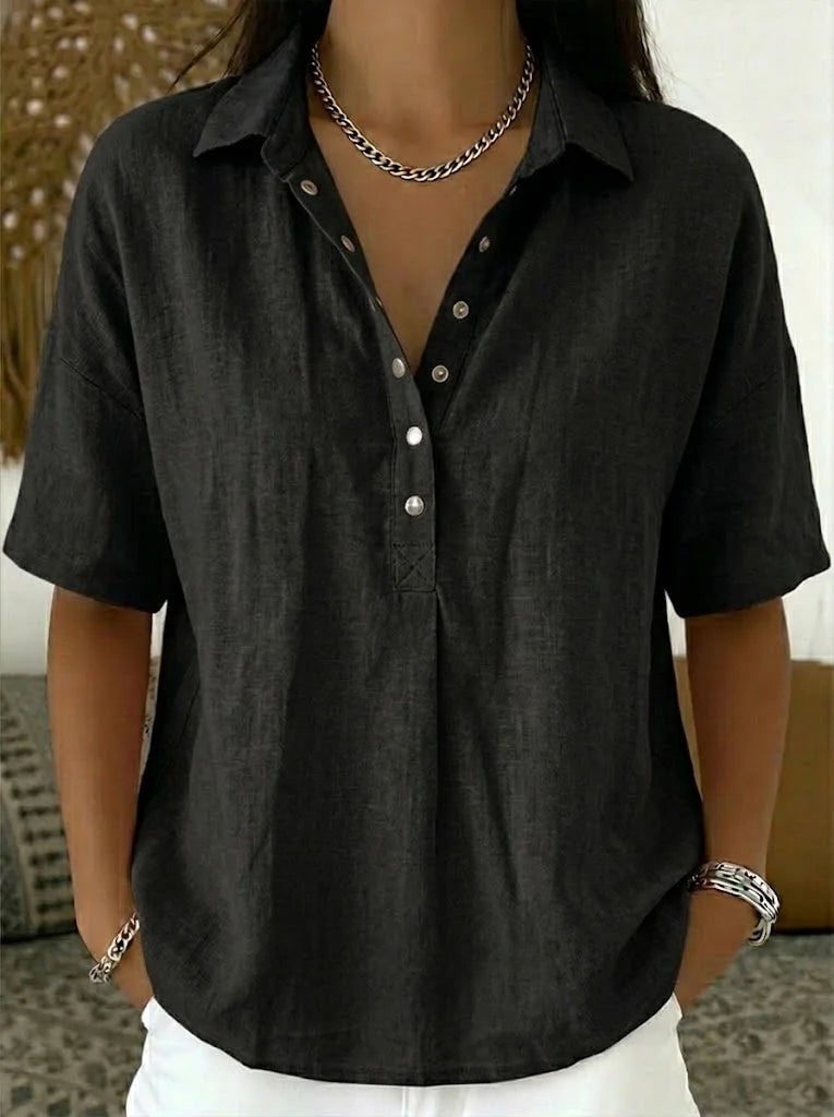 Button Shirt with Collar, Linen Look Top with Short Sleeves 7