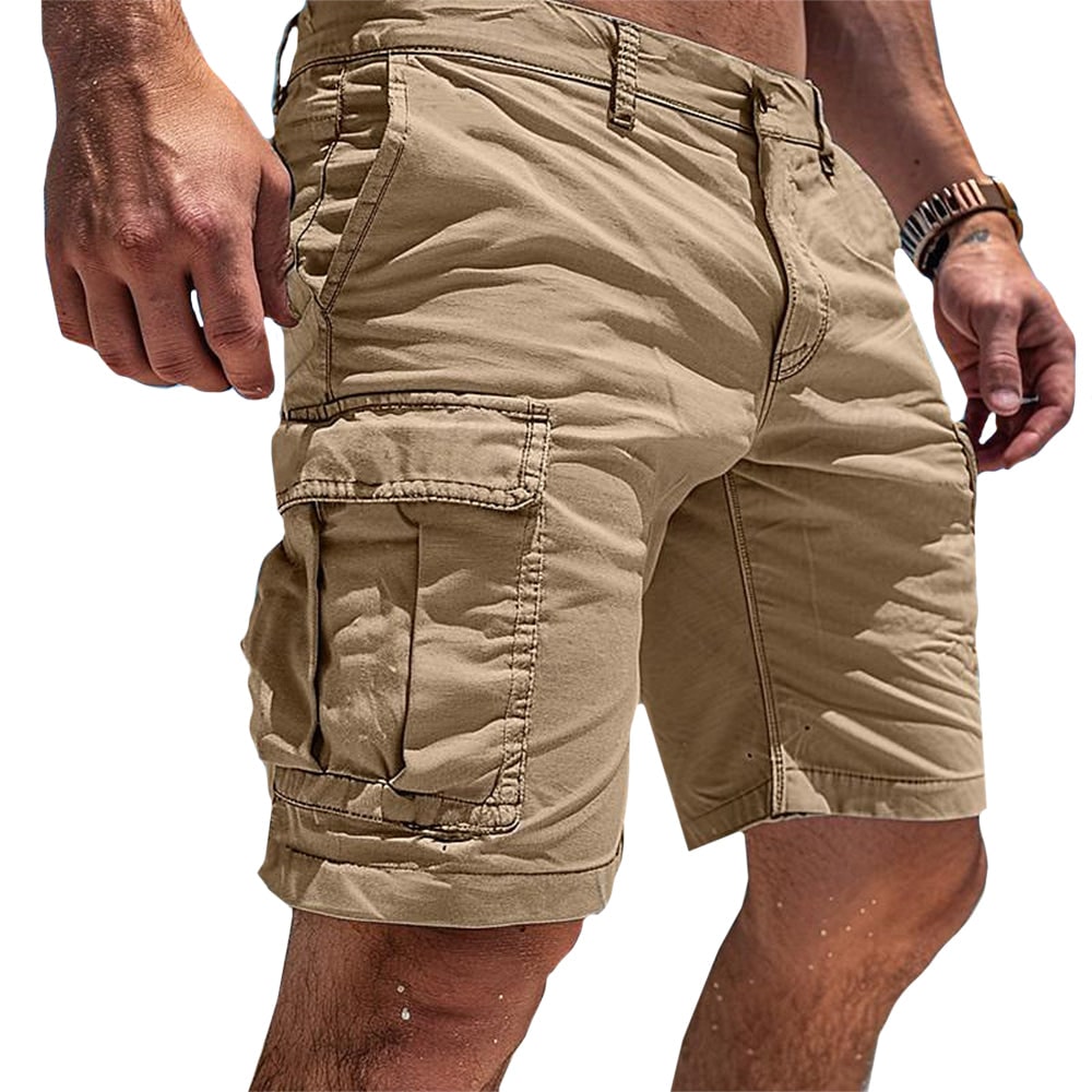 Khaki utility cargo shorts for men with flap pockets