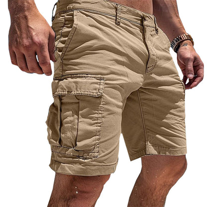 Khaki utility cargo shorts for men with flap pockets